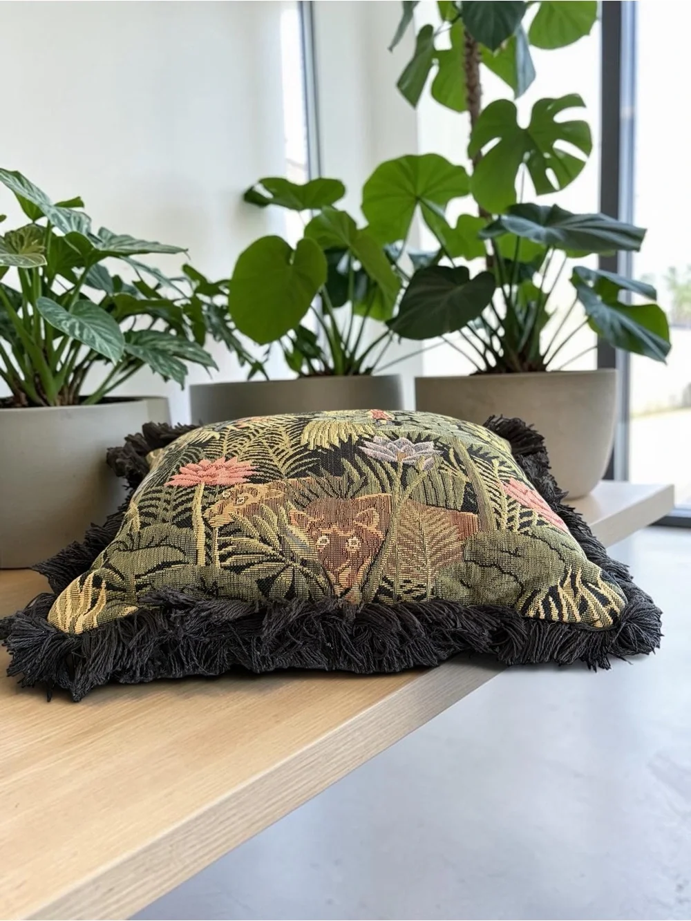 Vintage Black Floral and Animal Tapestry Accent Pillow